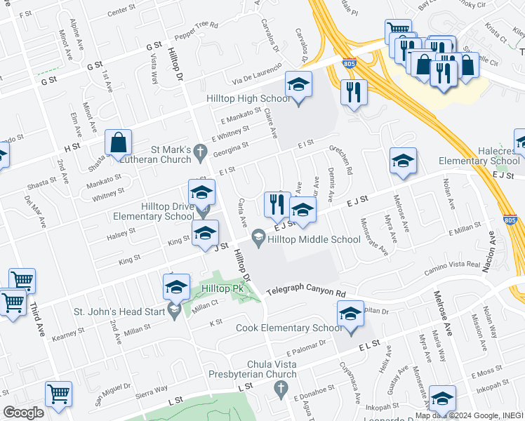 map of restaurants, bars, coffee shops, grocery stores, and more near 671 Elsie Way in Chula Vista