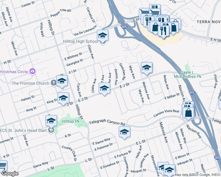 map of restaurants, bars, coffee shops, grocery stores, and more near 131 East J Street in Chula Vista