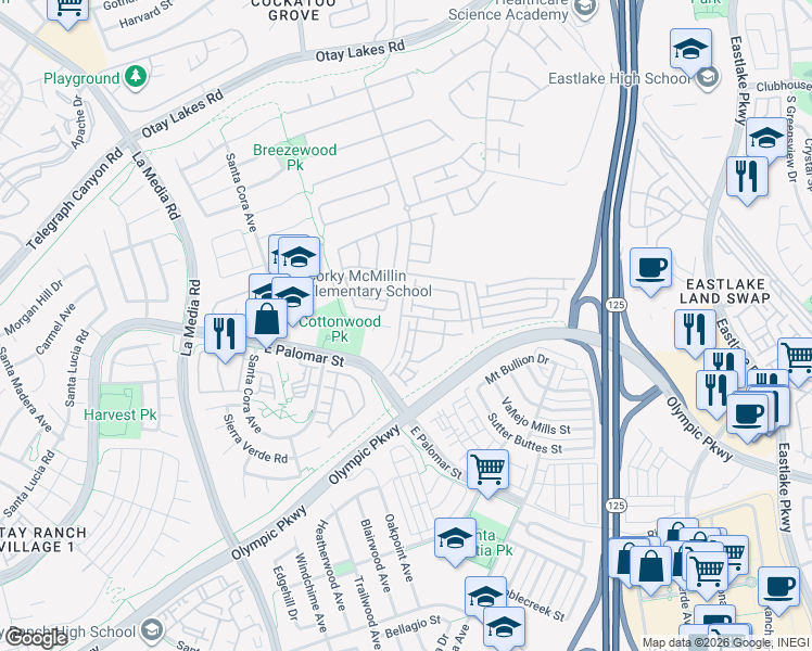 map of restaurants, bars, coffee shops, grocery stores, and more near 1279 Fools Gold Way in Chula Vista