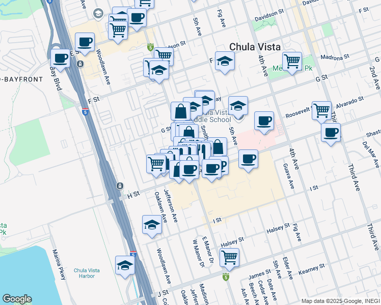 map of restaurants, bars, coffee shops, grocery stores, and more near 471 Broadway in Chula Vista