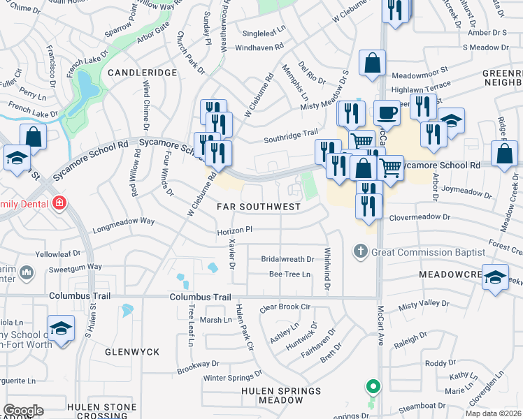 map of restaurants, bars, coffee shops, grocery stores, and more near 3816 7 Gables Street in Fort Worth