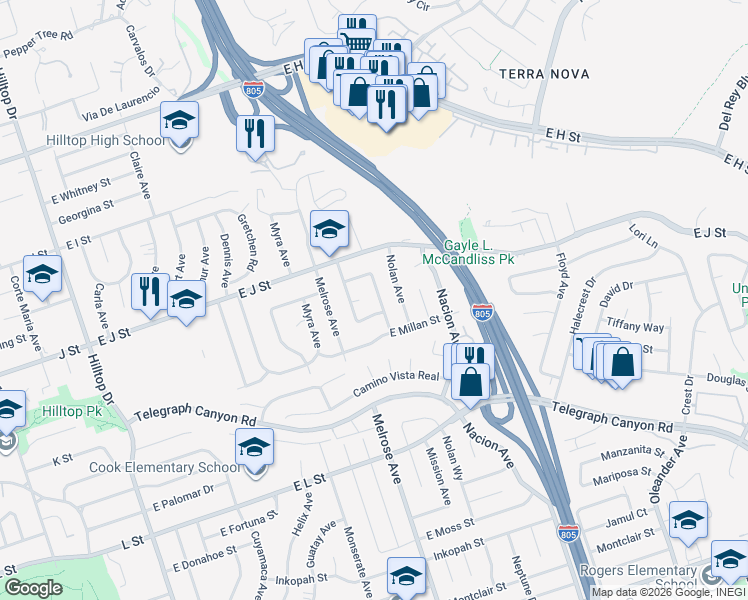 map of restaurants, bars, coffee shops, grocery stores, and more near 750 Mission Avenue in Chula Vista