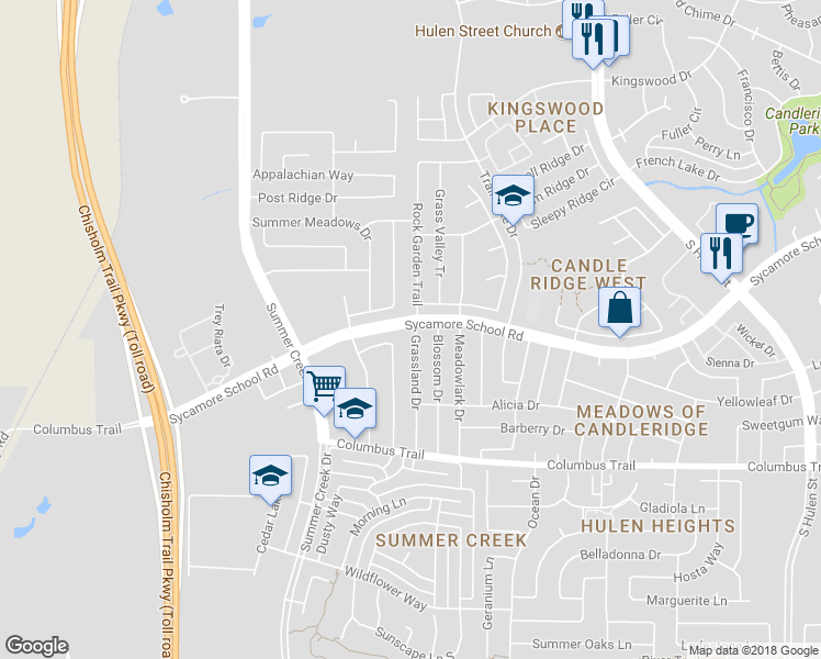 map of restaurants, bars, coffee shops, grocery stores, and more near 7600 Grassland Drive in Fort Worth
