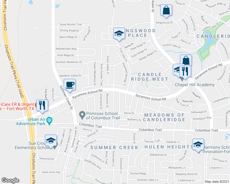map of restaurants, bars, coffee shops, grocery stores, and more near 7601 Meadowlark Drive in Fort Worth