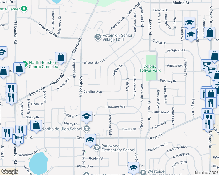 map of restaurants, bars, coffee shops, grocery stores, and more near 502 American Boulevard in Warner Robins