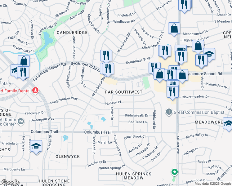 map of restaurants, bars, coffee shops, grocery stores, and more near 3844 7 Gables Street in Fort Worth