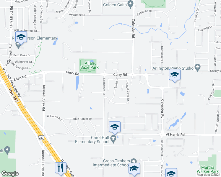 map of restaurants, bars, coffee shops, grocery stores, and more near 6903 Thornbird Lane in Arlington