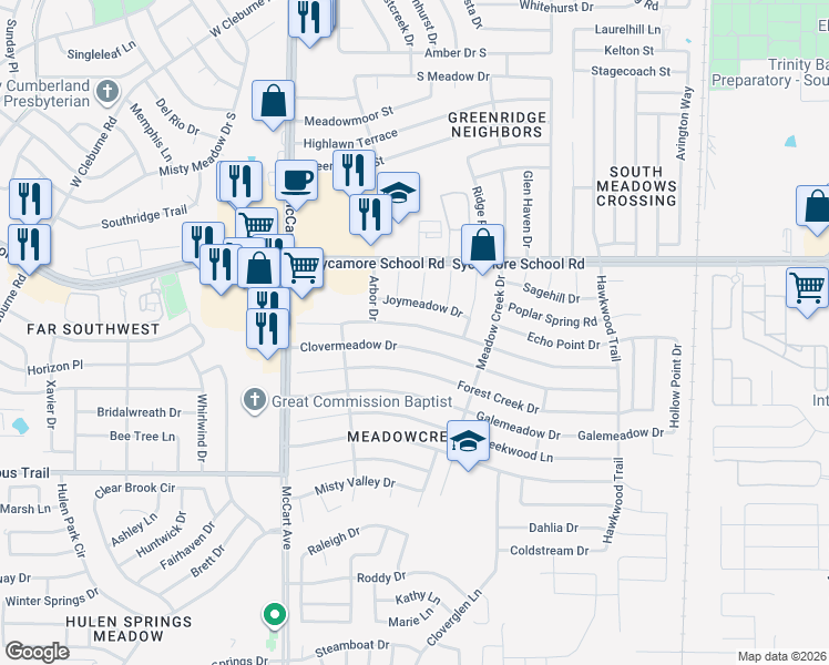 map of restaurants, bars, coffee shops, grocery stores, and more near 3101 Woodlark Drive in Fort Worth