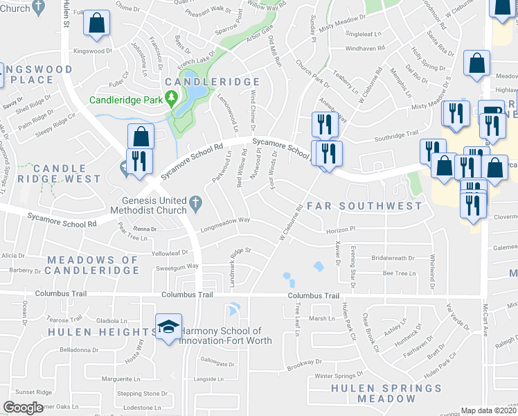 map of restaurants, bars, coffee shops, grocery stores, and more near 4037 Horizon Place in Fort Worth