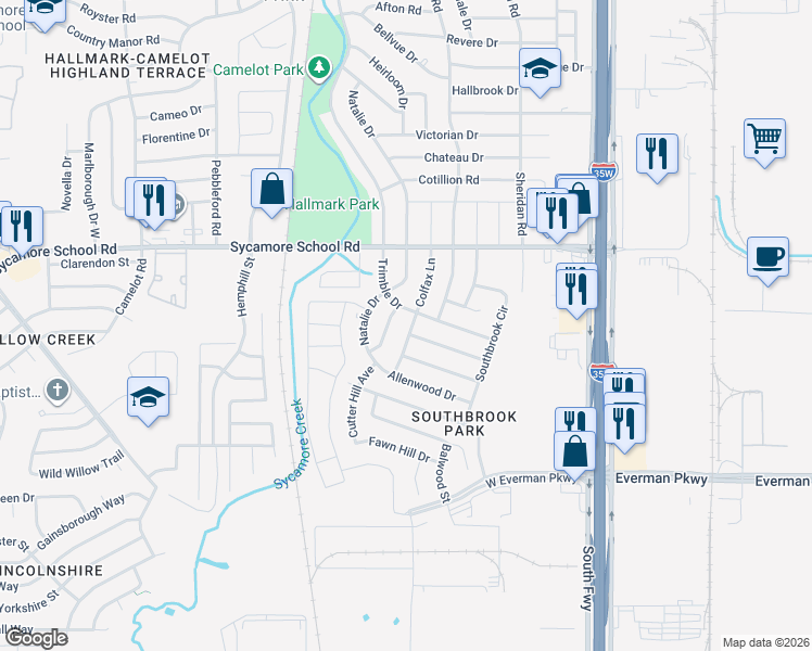 map of restaurants, bars, coffee shops, grocery stores, and more near 8004 Colfax Lane in Fort Worth