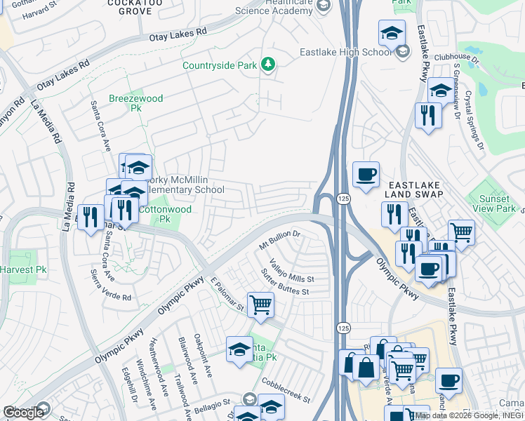 map of restaurants, bars, coffee shops, grocery stores, and more near 1928 Geyserville Street in Chula Vista