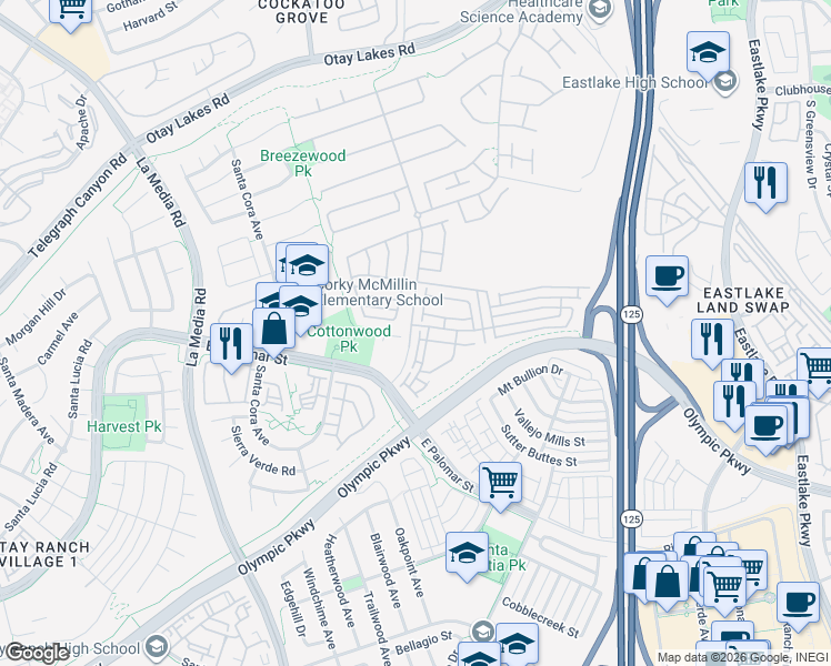map of restaurants, bars, coffee shops, grocery stores, and more near 1279 Fools Gold Way in Chula Vista
