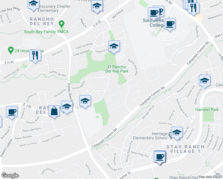 map of restaurants, bars, coffee shops, grocery stores, and more near 1280 East J Street in Chula Vista