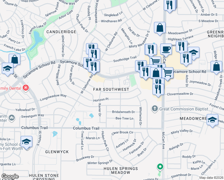 map of restaurants, bars, coffee shops, grocery stores, and more near 3816 7 Gables Street in Fort Worth