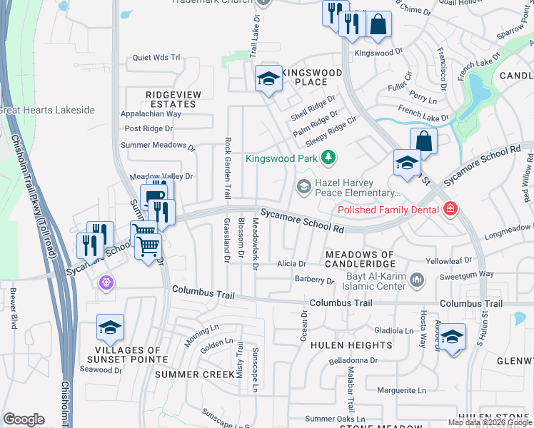 map of restaurants, bars, coffee shops, grocery stores, and more near 7601 Meadowlark Drive in Fort Worth