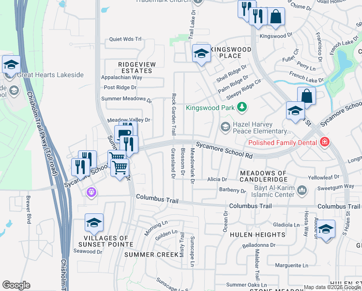 map of restaurants, bars, coffee shops, grocery stores, and more near 7612 Blossom Drive in Fort Worth