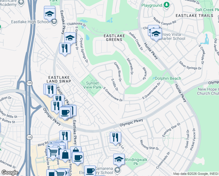 map of restaurants, bars, coffee shops, grocery stores, and more near 1390 Harbour Town Place in Chula Vista