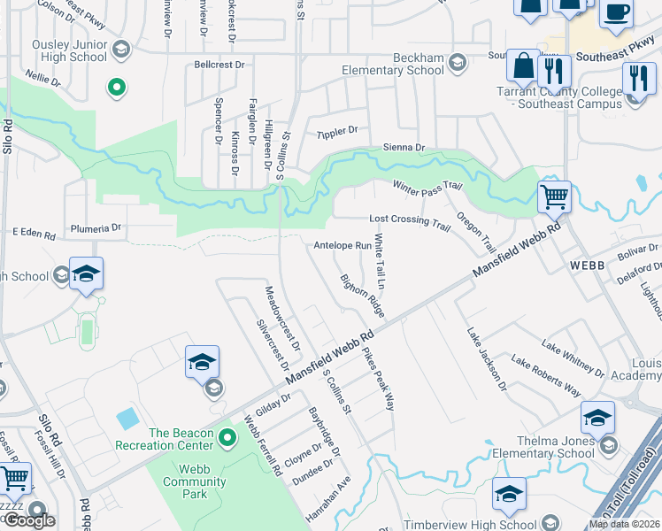 map of restaurants, bars, coffee shops, grocery stores, and more near 6709 Bighorn Ridge in Arlington