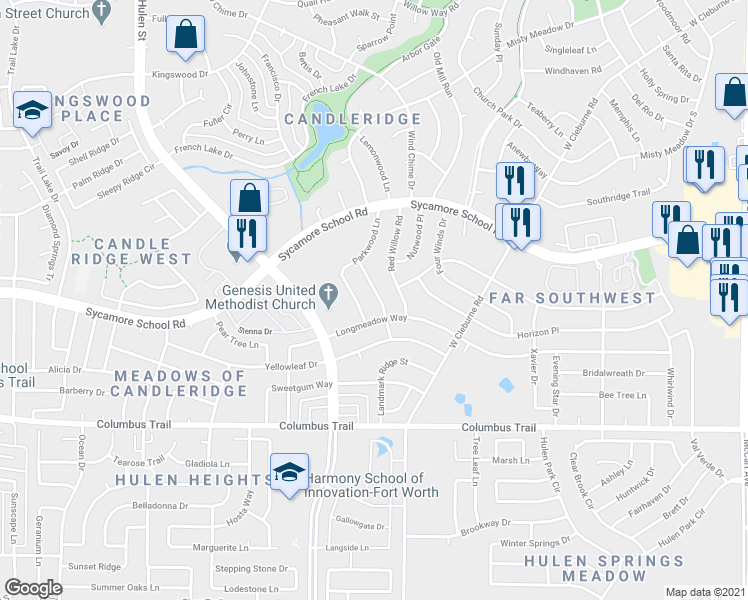 map of restaurants, bars, coffee shops, grocery stores, and more near 7632 Spicebush Road in Fort Worth