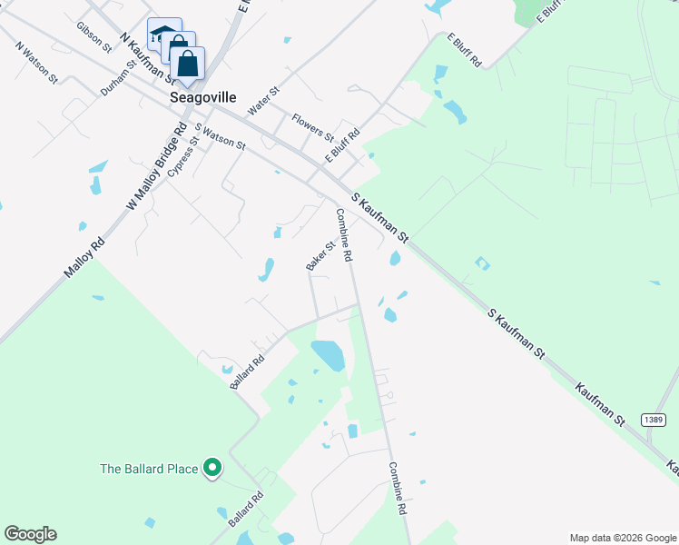 map of restaurants, bars, coffee shops, grocery stores, and more near 423 Baker Street in Seagoville