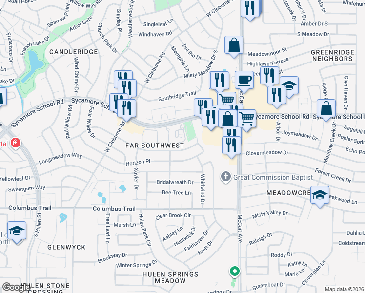 map of restaurants, bars, coffee shops, grocery stores, and more near 3736 7 Gables Street in Fort Worth