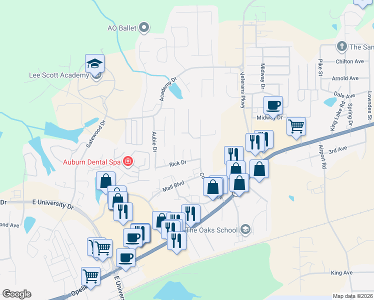map of restaurants, bars, coffee shops, grocery stores, and more near 1281 Samantha Court in Auburn