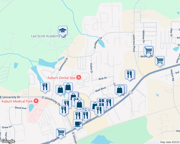 map of restaurants, bars, coffee shops, grocery stores, and more near 1257 Aubie Drive in Auburn