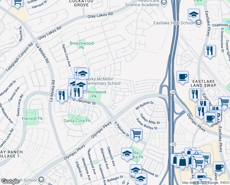 map of restaurants, bars, coffee shops, grocery stores, and more near 1279 Fools Gold Way in Chula Vista