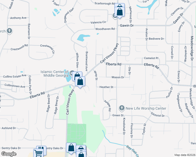 map of restaurants, bars, coffee shops, grocery stores, and more near 115 Wray Street in Warner Robins