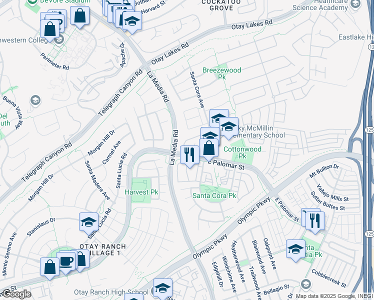 map of restaurants, bars, coffee shops, grocery stores, and more near 1815 Via Capri Street in Chula Vista