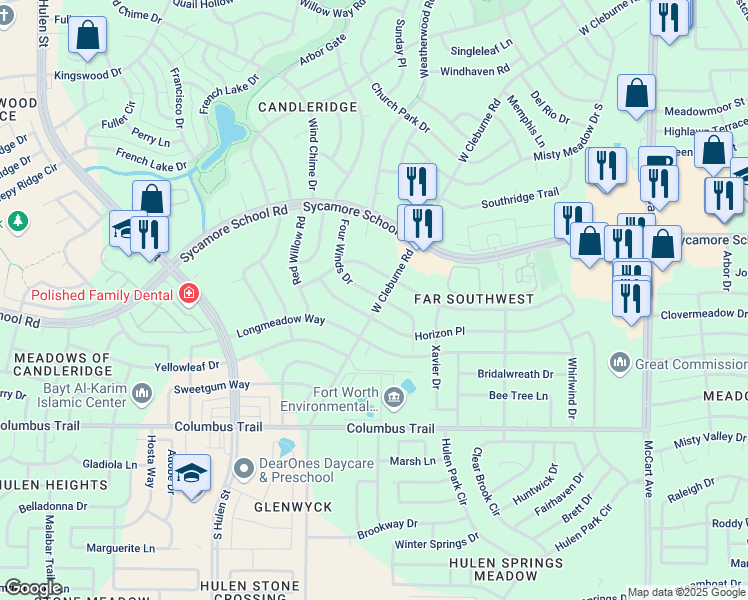 map of restaurants, bars, coffee shops, grocery stores, and more near 7640 Four Winds Drive in Fort Worth