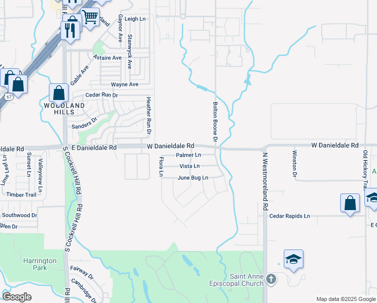 map of restaurants, bars, coffee shops, grocery stores, and more near 1001 Palmer Lane in DeSoto