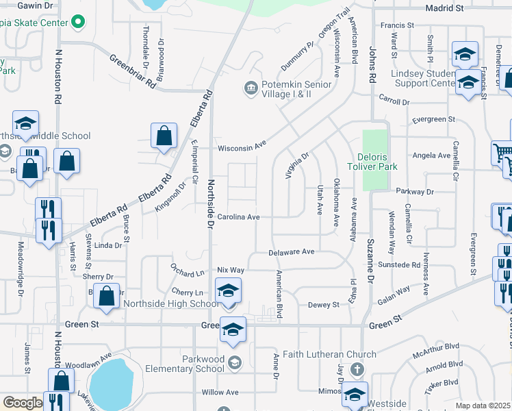 map of restaurants, bars, coffee shops, grocery stores, and more near Arizona Avenue in Warner Robins