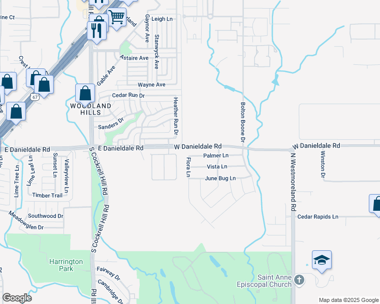 map of restaurants, bars, coffee shops, grocery stores, and more near 2129 Flora Lane in DeSoto