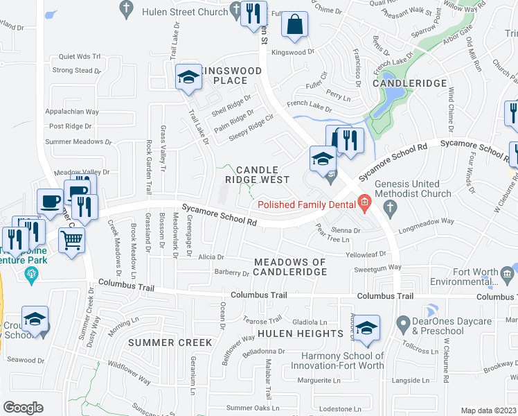 map of restaurants, bars, coffee shops, grocery stores, and more near 4864 Madyson Ridge Drive in Fort Worth