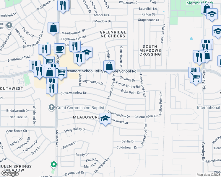 map of restaurants, bars, coffee shops, grocery stores, and more near 7544 Meadow Creek Drive in Fort Worth