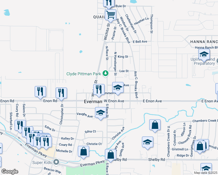 map of restaurants, bars, coffee shops, grocery stores, and more near 212 North Race Street in Fort Worth