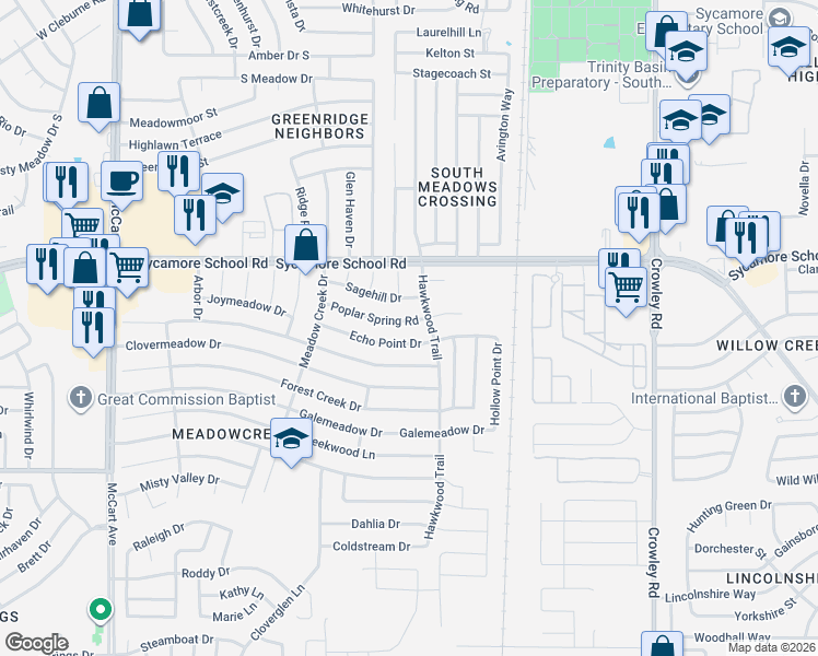 map of restaurants, bars, coffee shops, grocery stores, and more near 2500 Echo Point Drive in Fort Worth