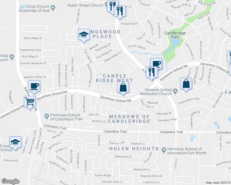 map of restaurants, bars, coffee shops, grocery stores, and more near 4864 Madyson Ridge Drive in Fort Worth