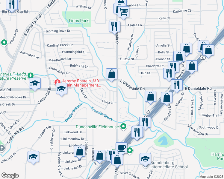 map of restaurants, bars, coffee shops, grocery stores, and more near 111 Timothy Trail in Duncanville