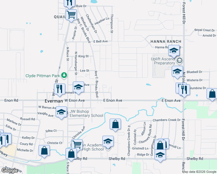 map of restaurants, bars, coffee shops, grocery stores, and more near 215 Thompson Street in Everman