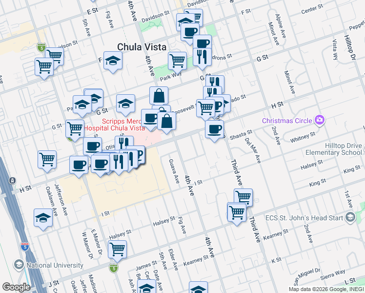 map of restaurants, bars, coffee shops, grocery stores, and more near 521 4th Avenue in Chula Vista