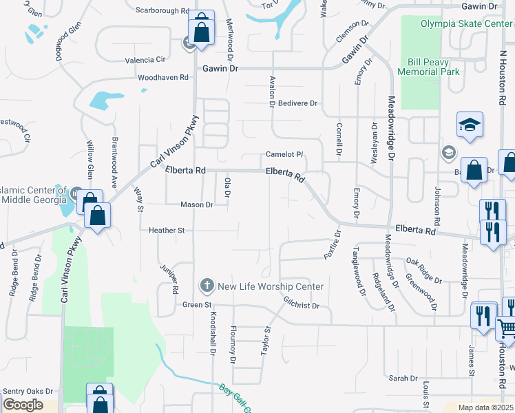 map of restaurants, bars, coffee shops, grocery stores, and more near 813 East Side Drive in Warner Robins