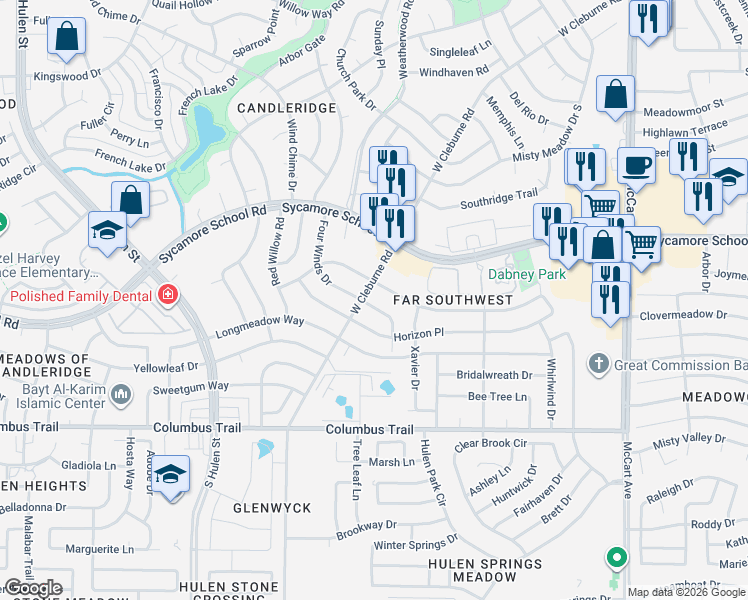 map of restaurants, bars, coffee shops, grocery stores, and more near 7721 Four Winds Drive in Fort Worth