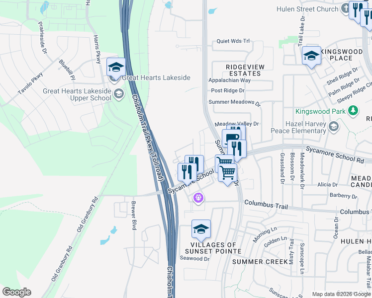 map of restaurants, bars, coffee shops, grocery stores, and more near 5444 Buckboard in Fort Worth