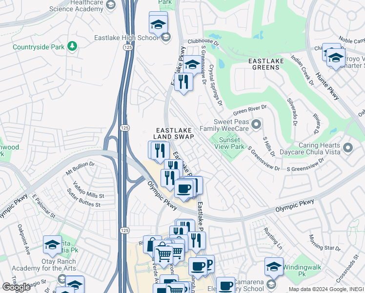 map of restaurants, bars, coffee shops, grocery stores, and more near 1331 Caminito Fabrizio in Chula Vista