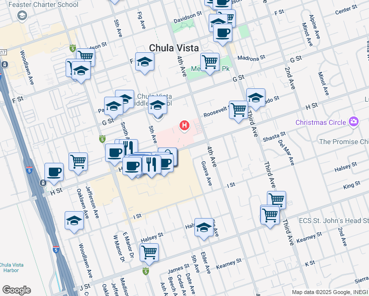 map of restaurants, bars, coffee shops, grocery stores, and more near H Street in Chula Vista