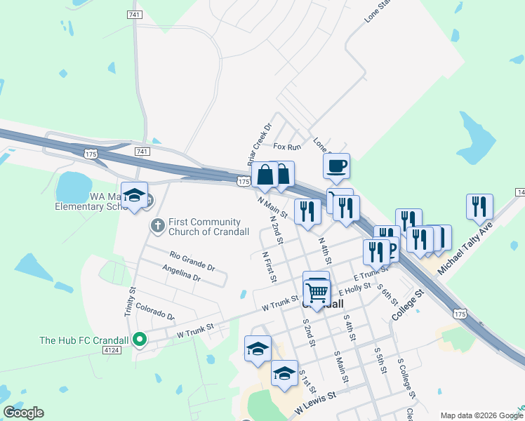 map of restaurants, bars, coffee shops, grocery stores, and more near 607 North Main Street in Crandall