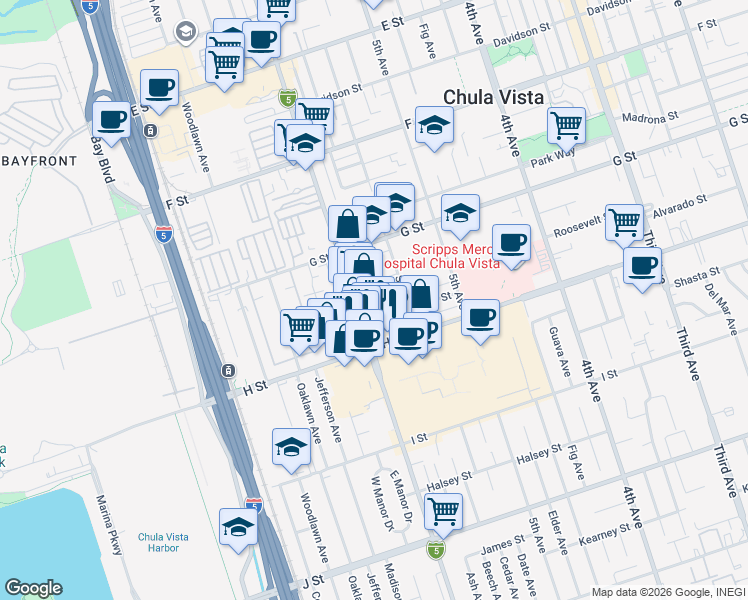 map of restaurants, bars, coffee shops, grocery stores, and more near 471 Broadway in Chula Vista