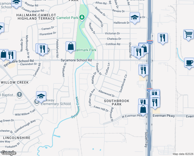 map of restaurants, bars, coffee shops, grocery stores, and more near 8025 Natalie Drive in Fort Worth